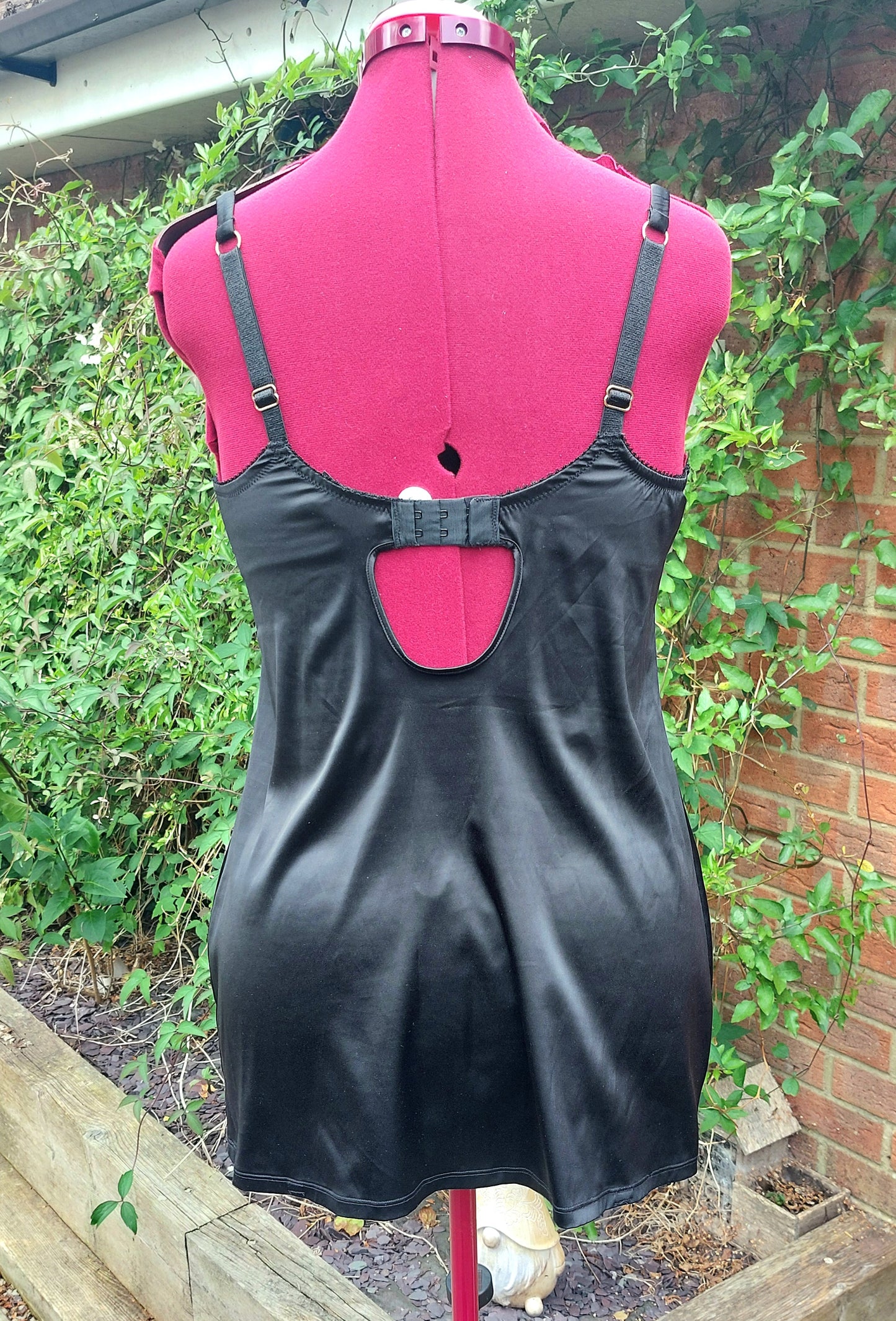 SIZE 36D BLACK SATIN PADDED BRA AND SLIP DRESS IN ONE