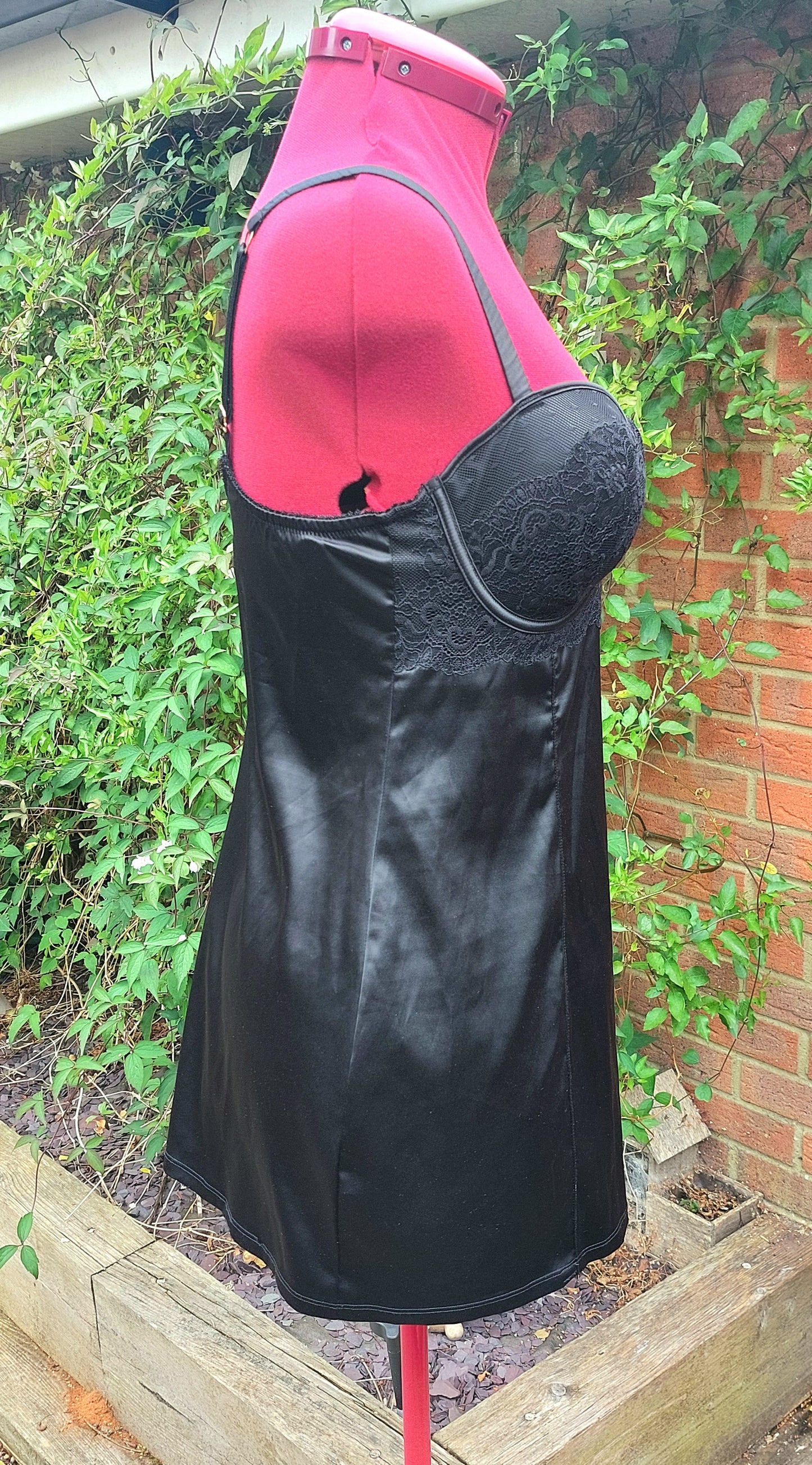 SIZE 36D BLACK SATIN PADDED BRA AND SLIP DRESS IN ONE