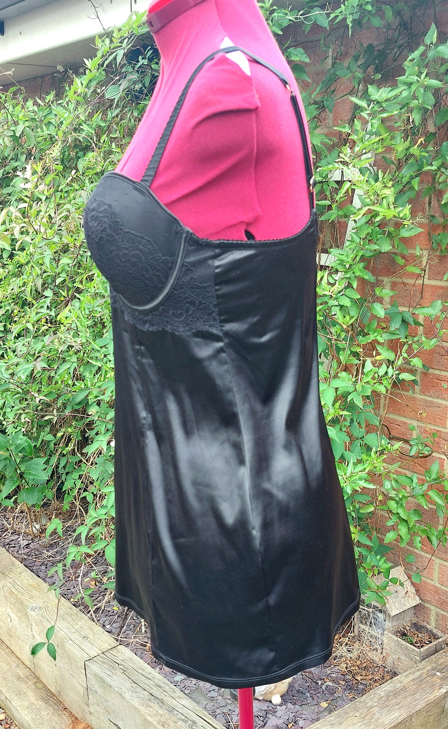 SIZE 36D BLACK SATIN PADDED BRA AND SLIP DRESS IN ONE