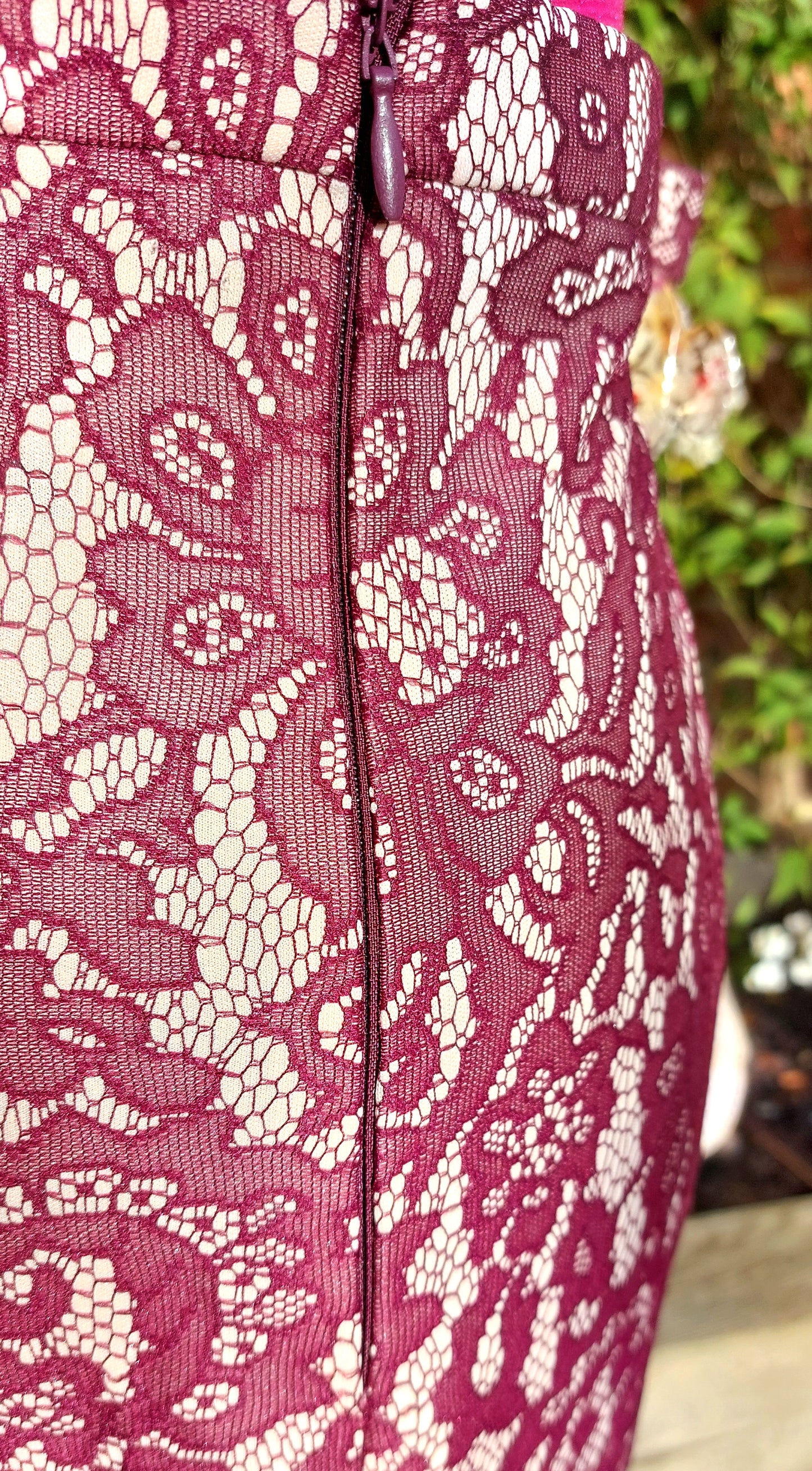 SIZE 12 NEXT BURGUNDY LACE OVERLAY PENCIL SKIRT