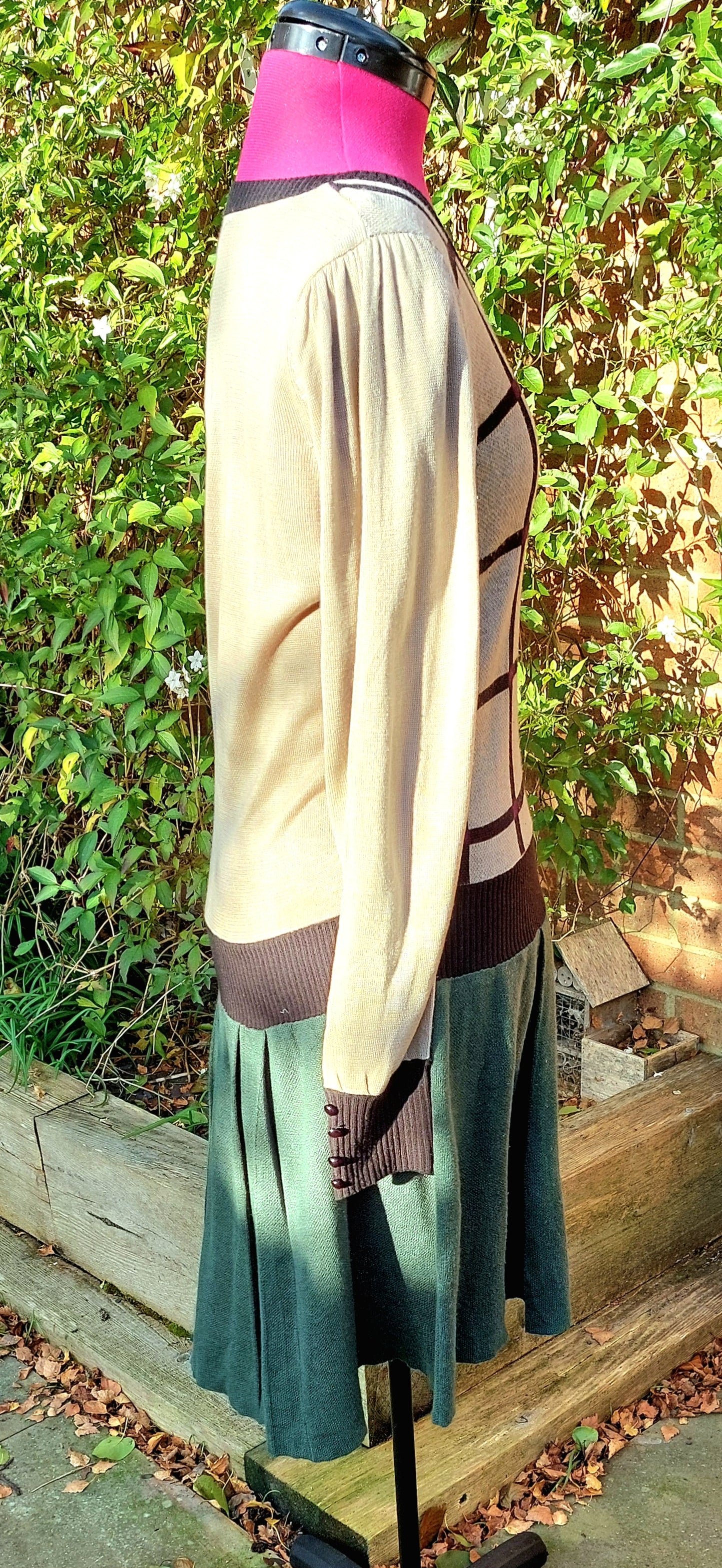 GREEN AND GOLD CHECK LONG SLEEVED KNITTED DRESS