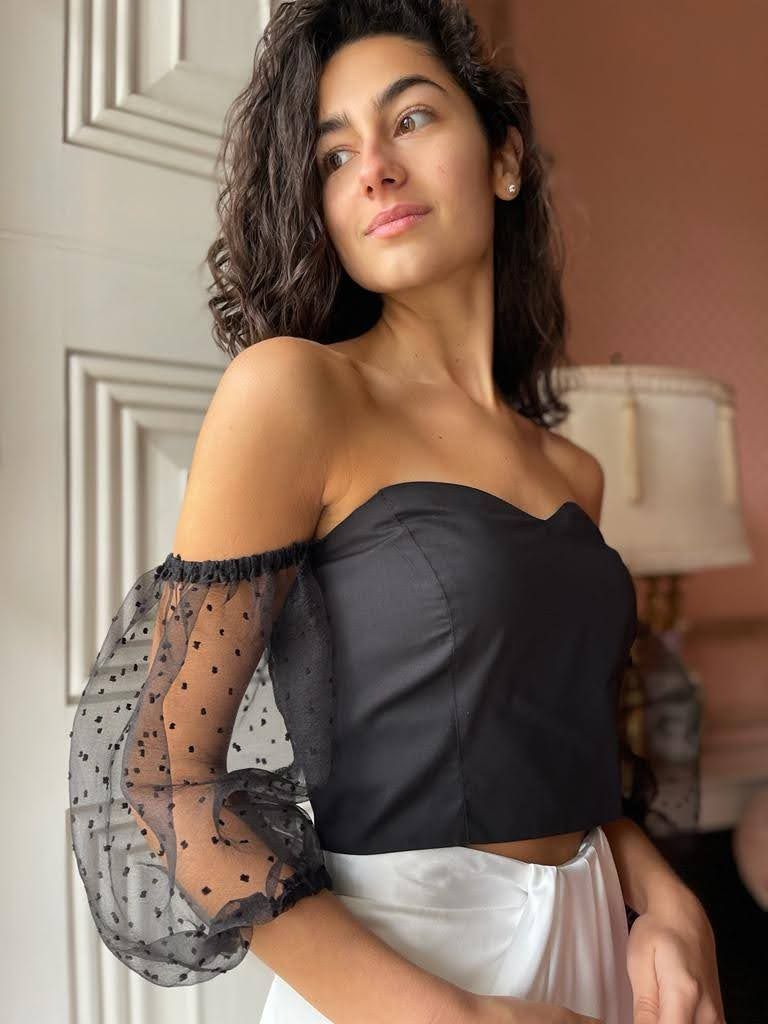 BLACK BARDOT BALLOON SLEEVED ORGANZA CROP TOP – Queenie's Rage