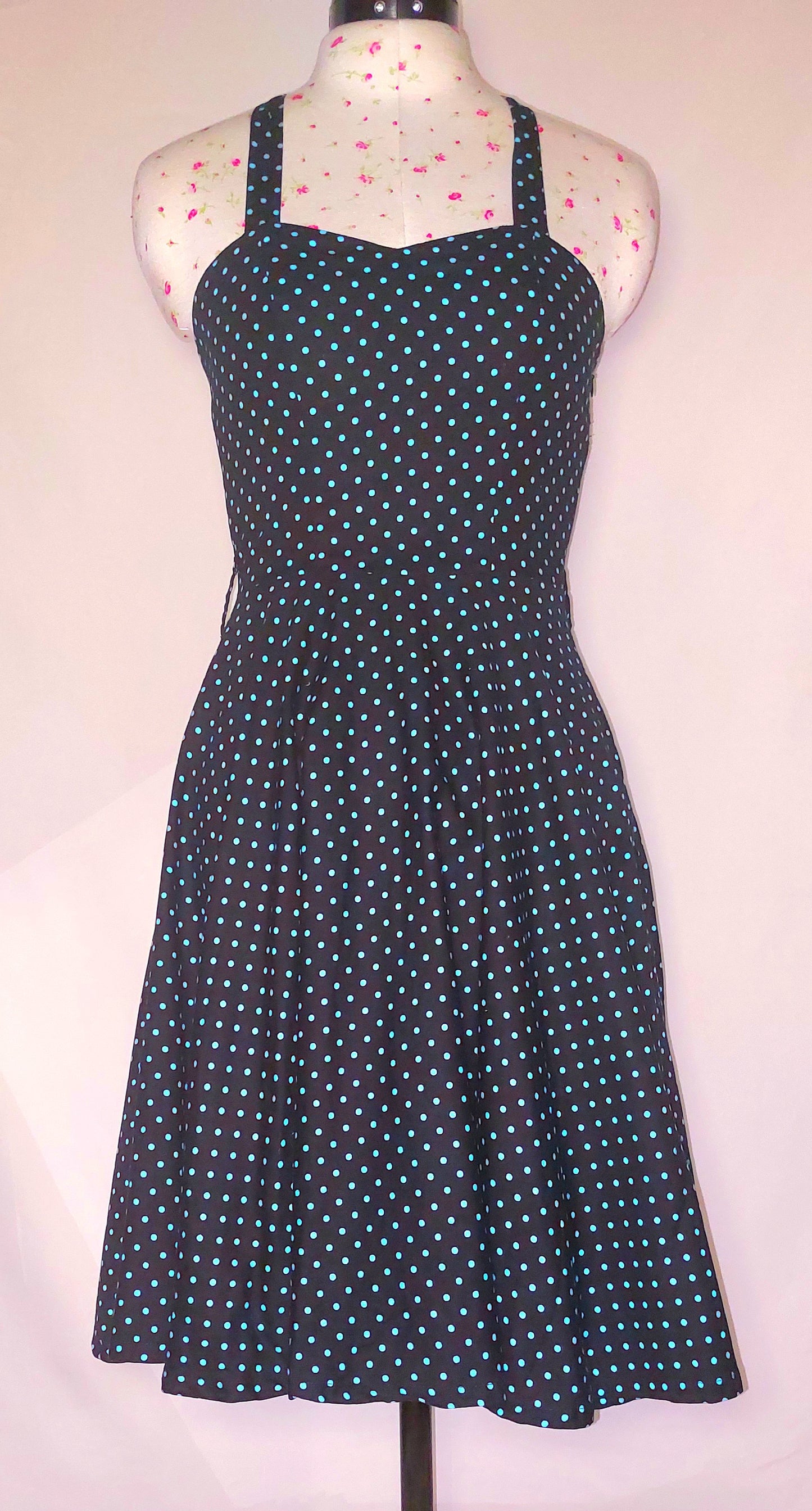 50'S STYLE LADY MAYRA BLACK SPOTTED HALTER NECK FIT AND FLARE DRESS