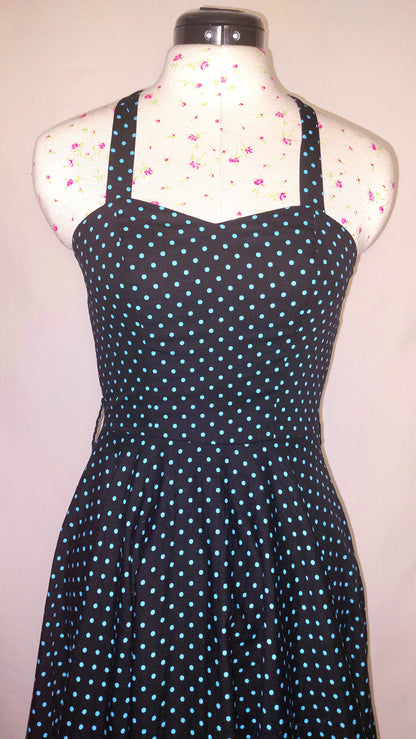 50'S STYLE LADY MAYRA BLACK SPOTTED HALTER NECK FIT AND FLARE DRESS