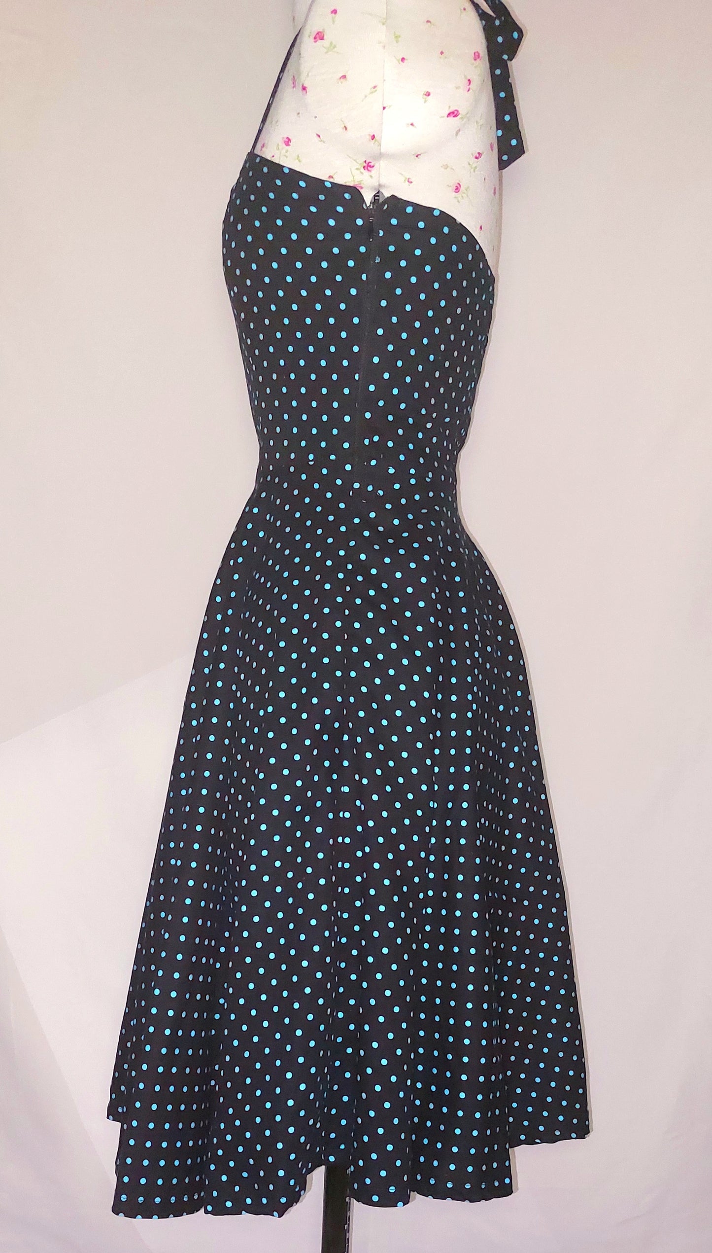 50'S STYLE LADY MAYRA BLACK SPOTTED HALTER NECK FIT AND FLARE DRESS