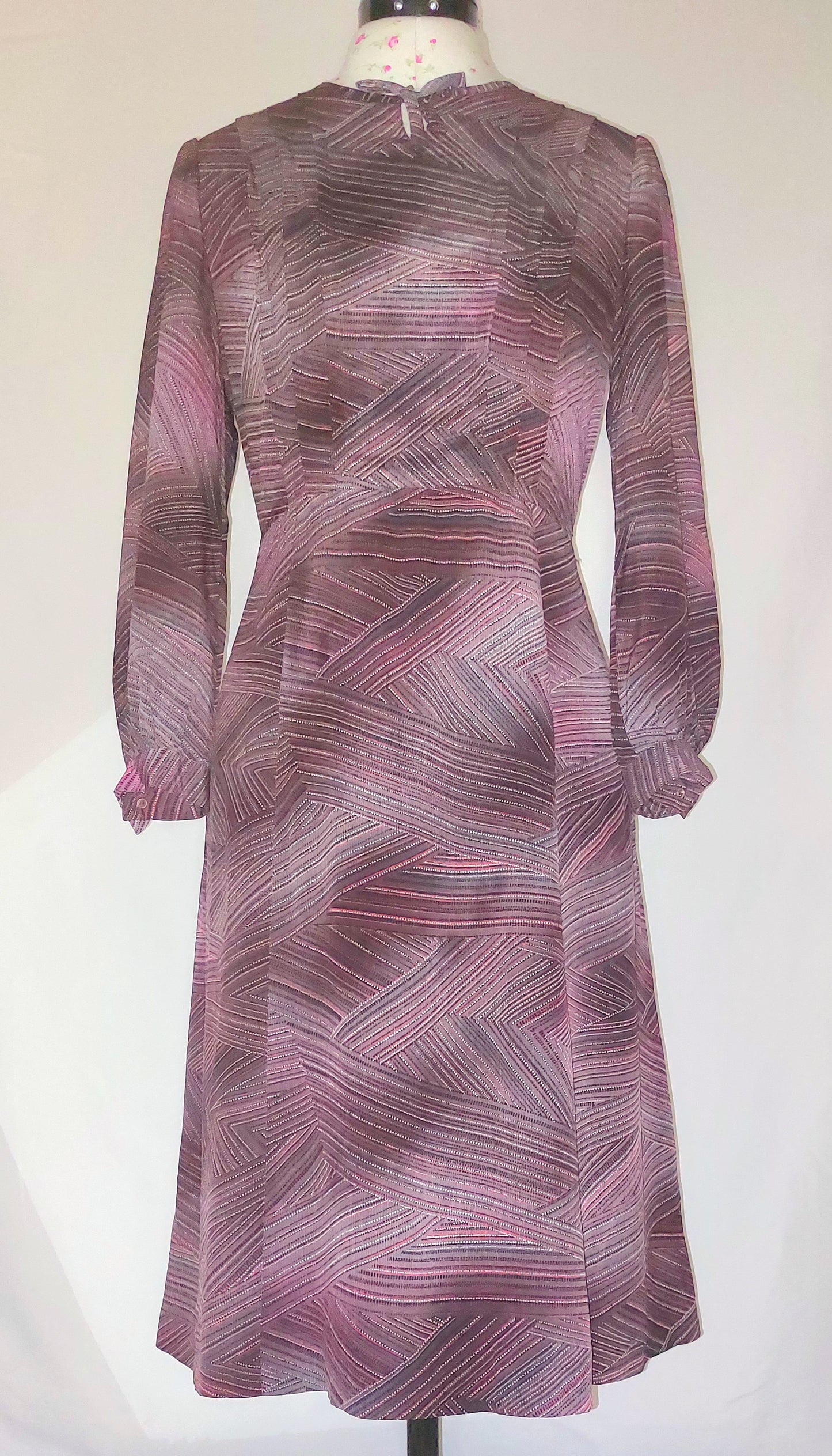 BROWN AND PINK PRINT LONG SLEEVED FIT AND FLARE DRESS