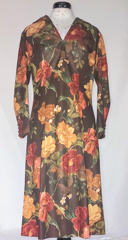 BROWN FLORAL 70'S LONG SLEEVED MAXI DRESS