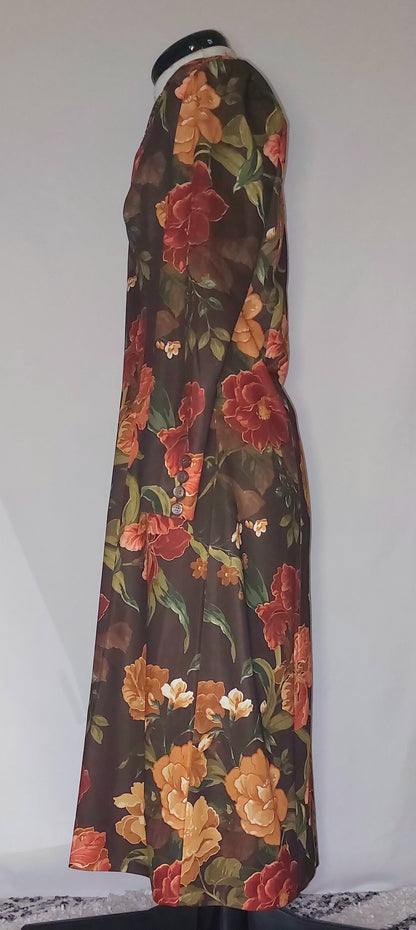 BROWN FLORAL 70'S LONG SLEEVED MAXI DRESS