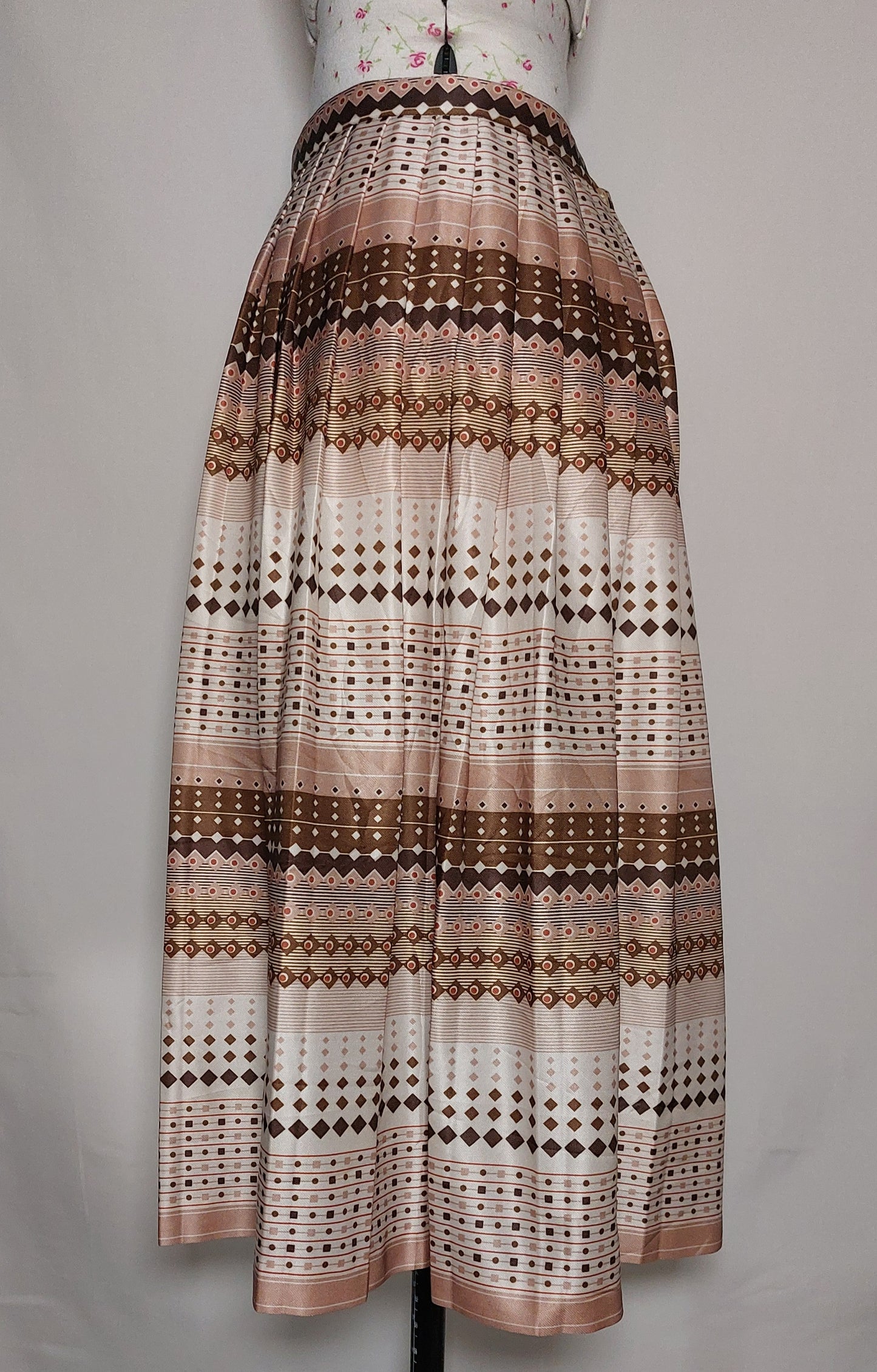 MISS MARY OF SWEDEN MULTI PRINT BROWN AND CREAM SILKY PLEATED SKIRT