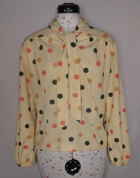 PALE YELLOW SPOTTED PUSSY BOW BLOUSE