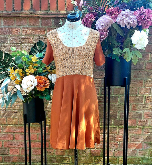 RUSTY CROCHET KNITTED AND SILKY SHORT SLEEVED FIT AND FLARE DRESS