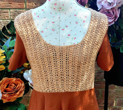 RUSTY CROCHET KNITTED AND SILKY SHORT SLEEVED FIT AND FLARE DRESS