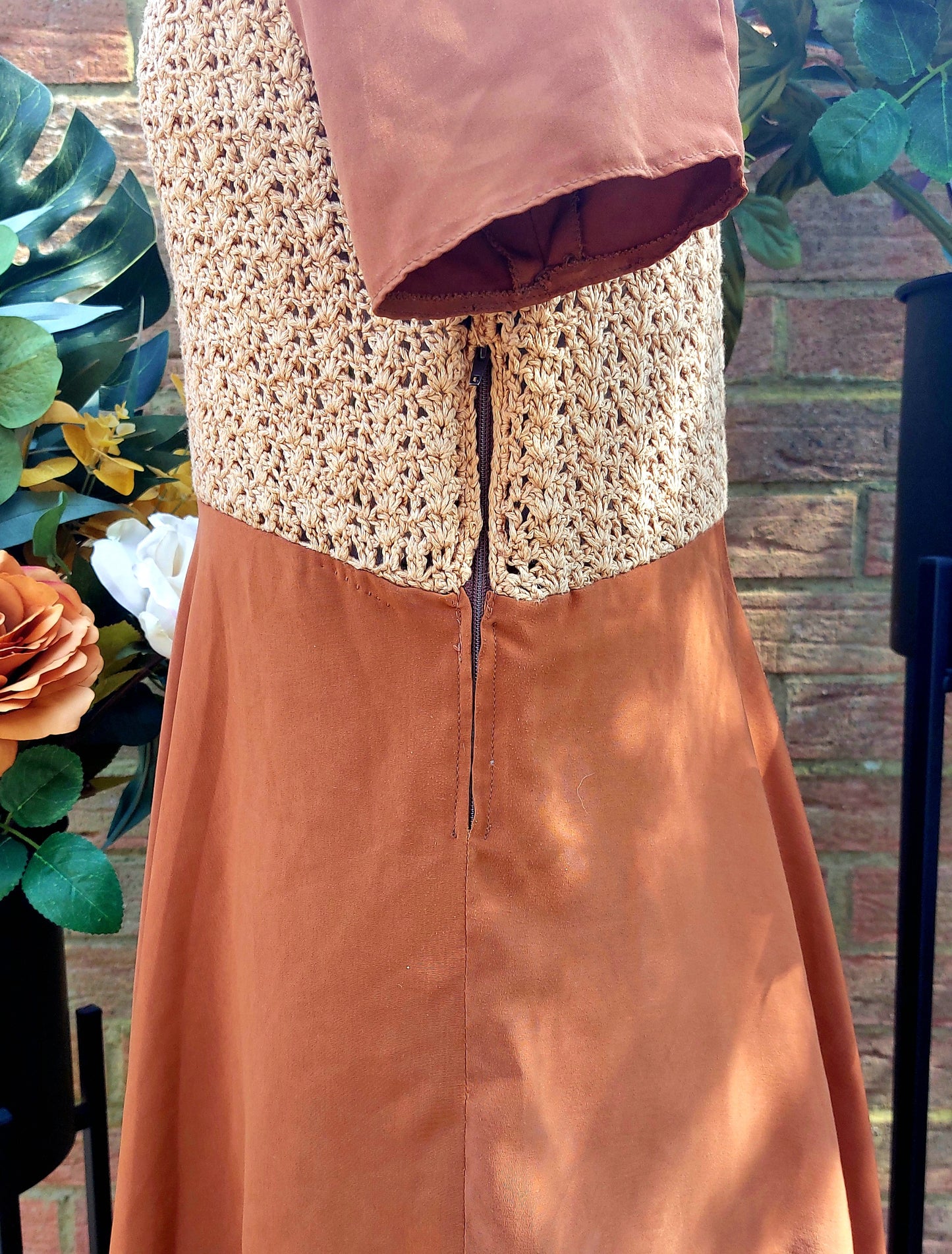 RUSTY CROCHET KNITTED AND SILKY SHORT SLEEVED FIT AND FLARE DRESS