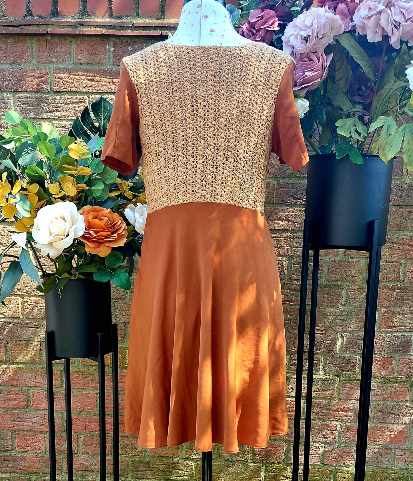 RUSTY CROCHET KNITTED AND SILKY SHORT SLEEVED FIT AND FLARE DRESS