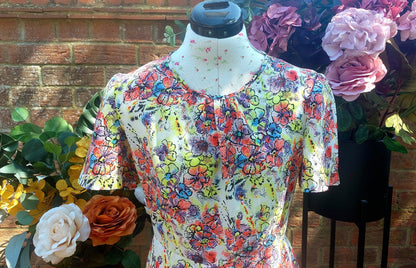 BRIGHT FLORAL SHORT SLEEVED FIT AND FLARE DRESS