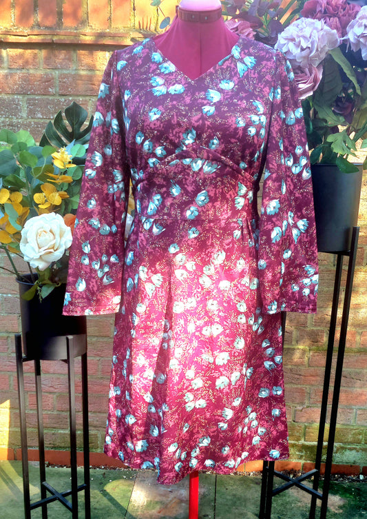 70'S LONG SLEEVED FLORAL BURGUNDY DRESS