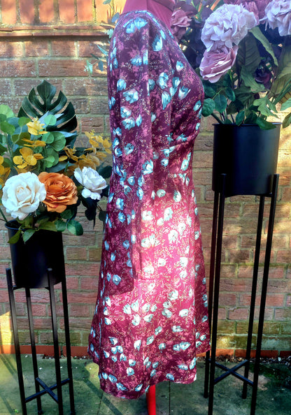 70'S LONG SLEEVED FLORAL BURGUNDY DRESS