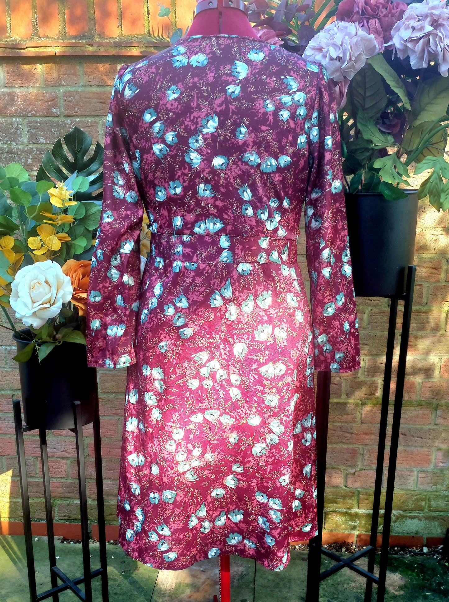 70'S LONG SLEEVED FLORAL BURGUNDY DRESS