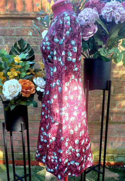 70'S LONG SLEEVED FLORAL BURGUNDY DRESS