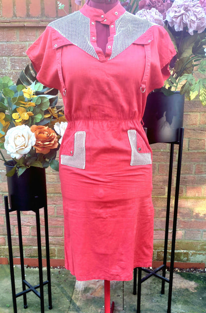 RED CAPPED SLEEEVED 80'S CASUAL DRESS