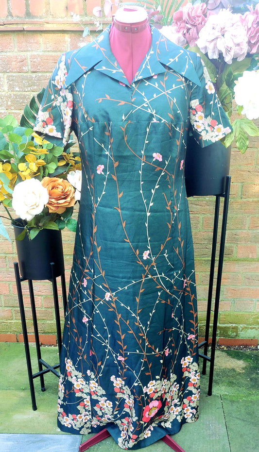 DARK GREEN 70'S FLORAL SHORT SLEEVED MAXI DRESS