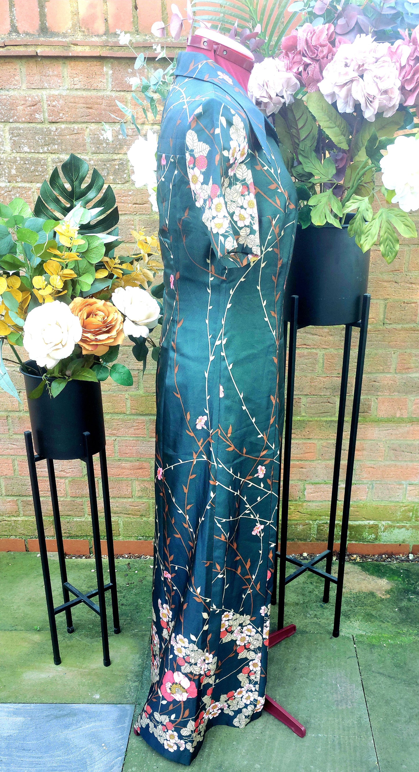 DARK GREEN 70'S FLORAL SHORT SLEEVED MAXI DRESS