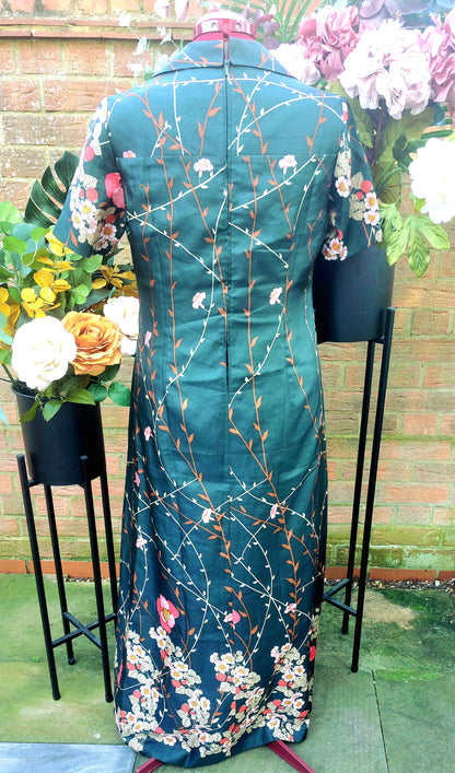 DARK GREEN 70'S FLORAL SHORT SLEEVED MAXI DRESS