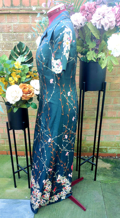 DARK GREEN 70'S FLORAL SHORT SLEEVED MAXI DRESS