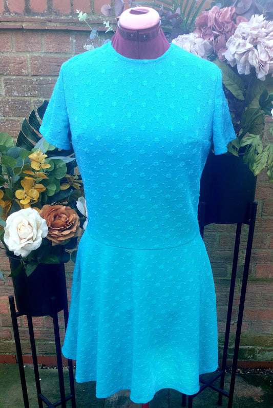 BRIGHT BLUE FLOWER EMBOSSED SHORT SLEEVED SKATER DRESS