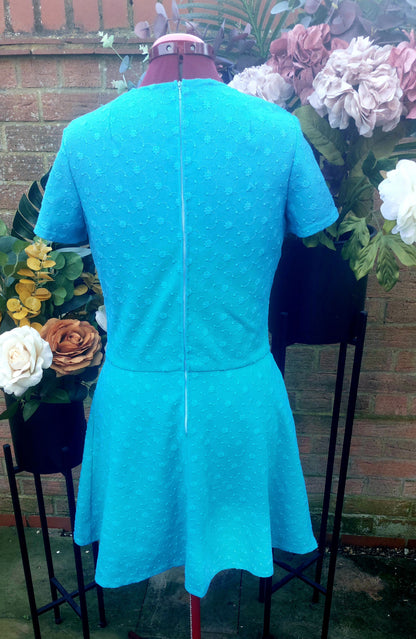 BRIGHT BLUE FLOWER EMBOSSED SHORT SLEEVED SKATER DRESS