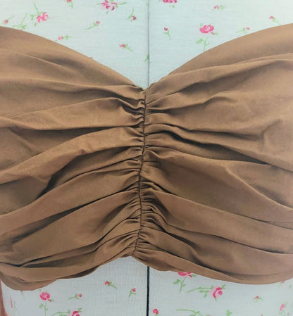 SIZE S ZARA CARAMEL LONG BALLOON SLEEVED RUCHED CROP TOP