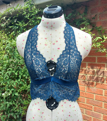 SIZE M PETROL BLUE HUNKEMOLLER LACE HALTER BRALETTE