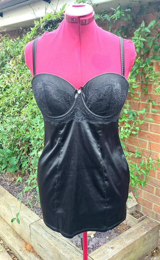 SIZE 36D BLACK SATIN PADDED BRA AND SLIP DRESS IN ONE