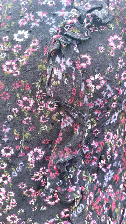 SIZE S REISS BLACK FLORAL LONG SLEEVED FRILL TOP