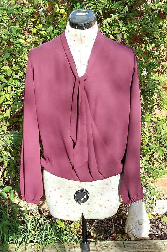 SIZE 6 AUBERGINE CHIFFON PUSSY BOW LONG SLEEVED BLOUSE