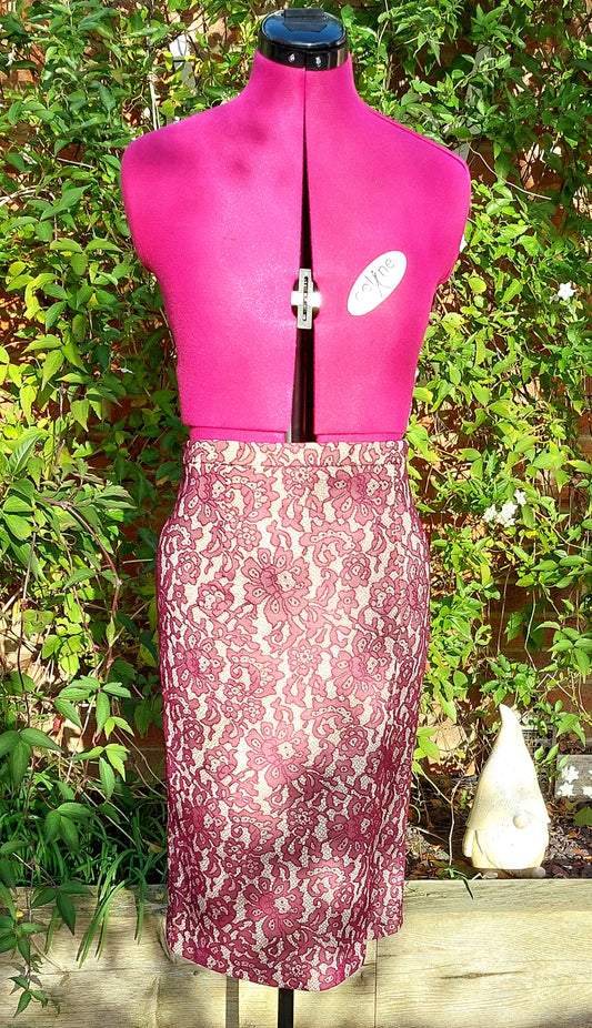 SIZE 12 NEXT BURGUNDY LACE OVERLAY PENCIL SKIRT