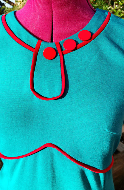 50'S STYLE TURQUOISE SHORT SLEEVE DRESS WITH RED DETAIL