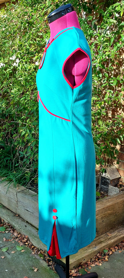 50'S STYLE TURQUOISE SHORT SLEEVE DRESS WITH RED DETAIL