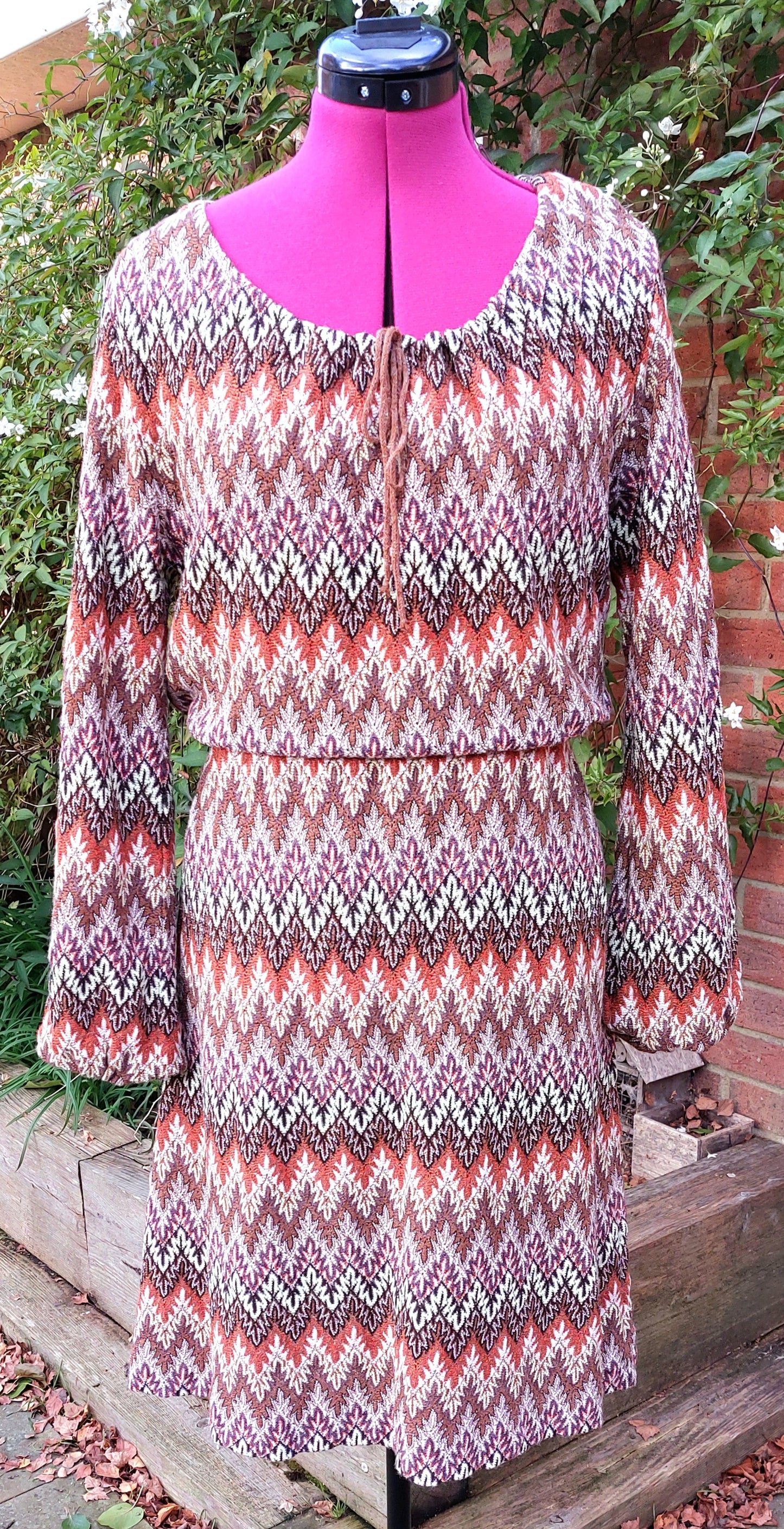 BROWN MULTI CROCHET STYLE LONG SLEEVED ELASTICATED DRESS