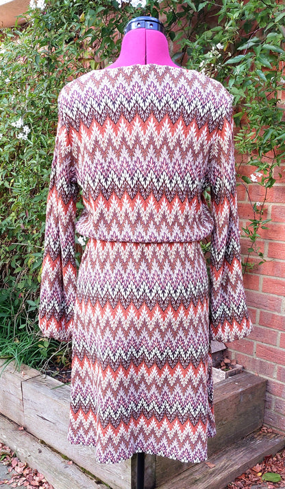 BROWN MULTI CROCHET STYLE LONG SLEEVED ELASTICATED DRESS