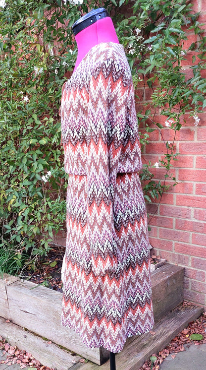 BROWN MULTI CROCHET STYLE LONG SLEEVED ELASTICATED DRESS