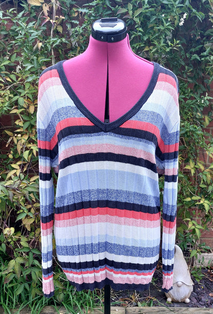 SIZE L V-NECK LONG SLEEVED STRIPED JUMPER