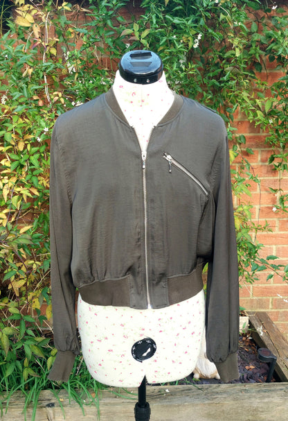 SIZE 14 DARK KHAKI SILKY BOMBER JACKET