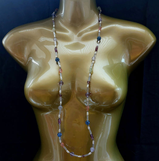 LONG MULTI COLOURED PLASTIC BEADED NECKLACE