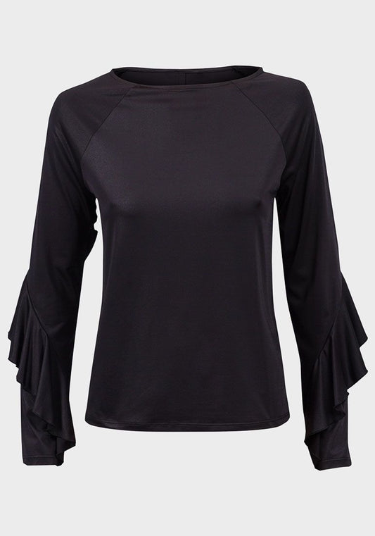 BLACK LONG FRILL SLEEVED BOXY TOP WITH METALLIC SHEEN