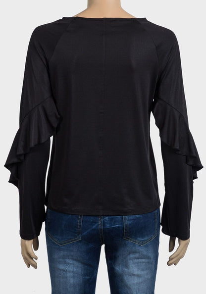 BLACK LONG FRILL SLEEVED BOXY TOP WITH METALLIC SHEEN