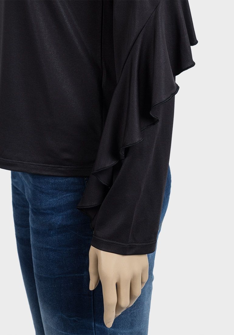 BLACK LONG FRILL SLEEVED BOXY TOP WITH METALLIC SHEEN