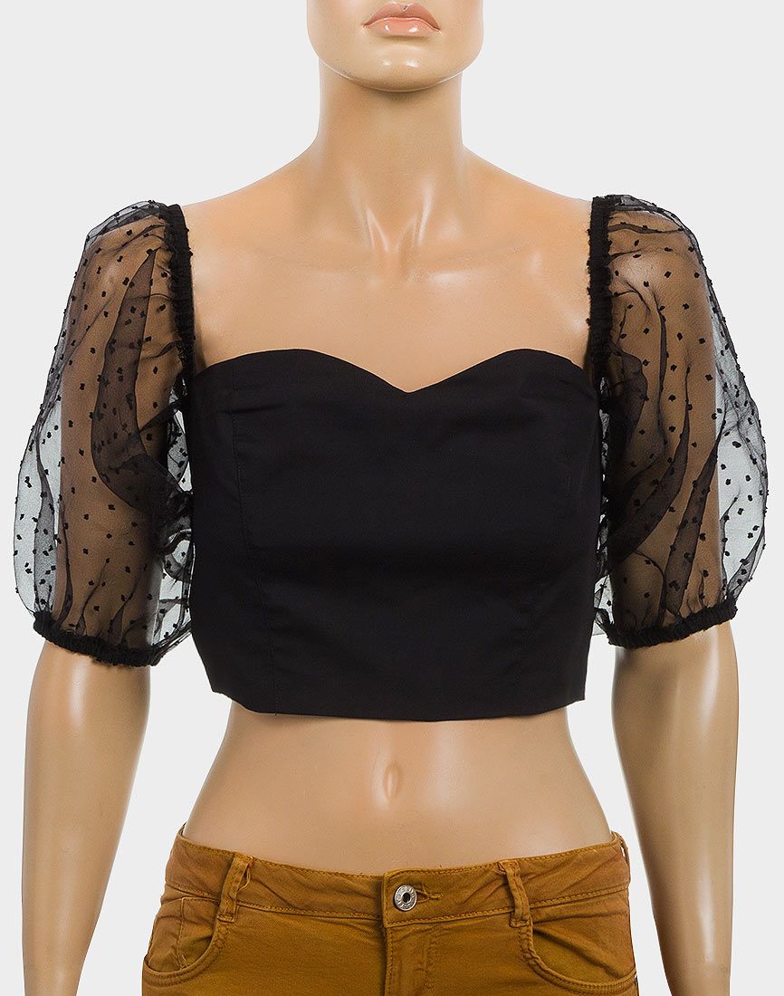 BLACK BARDOT BALLOON SLEEVED ORGANZA CROP TOP