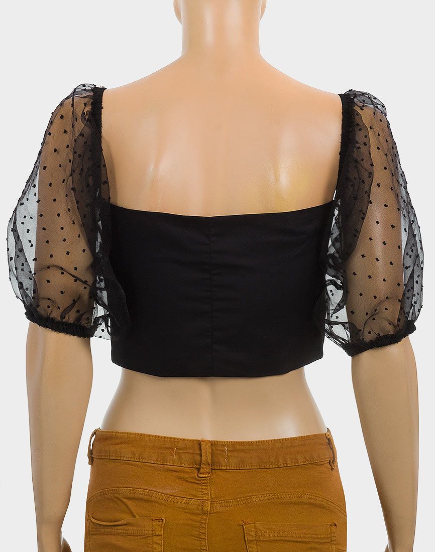 BLACK BARDOT BALLOON SLEEVED ORGANZA CROP TOP