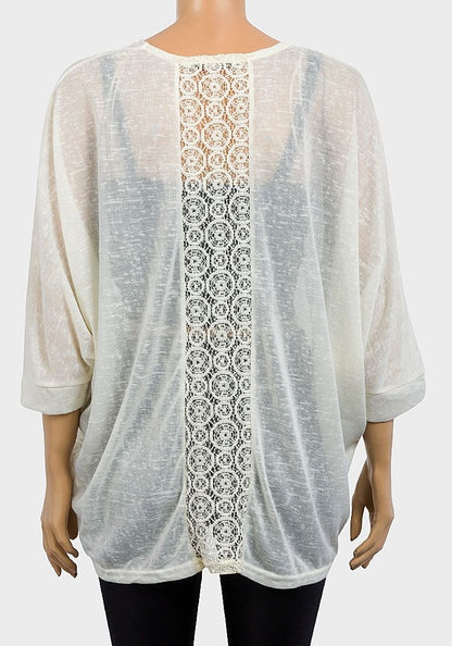 CREAM BATWING LACE PANEL LIGHT KNIT CARDIGAN